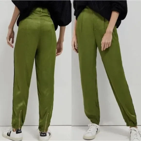 Anthropologie Diandra Green Satin Pleated Joggers Size 16. B-3